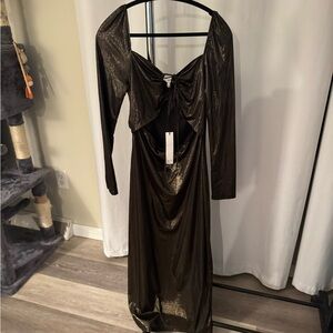 NSR Black and Gold metallic Ruched Long Sleeve Gown with stomach cutout